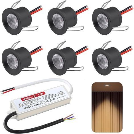 Spot LED Encastrable 2W, 12V Spots Plafond,IP65 Spot Salle de Bain,mini spot Led Extra Plat 19mm,Trou Φ25-28mm spot encastrable pour Cuisine Salon Carport,Lot de 6 (Noir Blanc Chaud 3000K) (1/5)