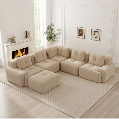 Divano angolare modulare con ottomana, seduta profonda 74 cm, tessuto a coste beige DESVIAE (1/5)