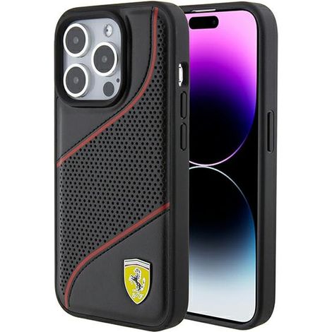 Funda para iPhone 15 Pro Ferrari con logotipo metálico perforado de ondas, color negro. (1/5)