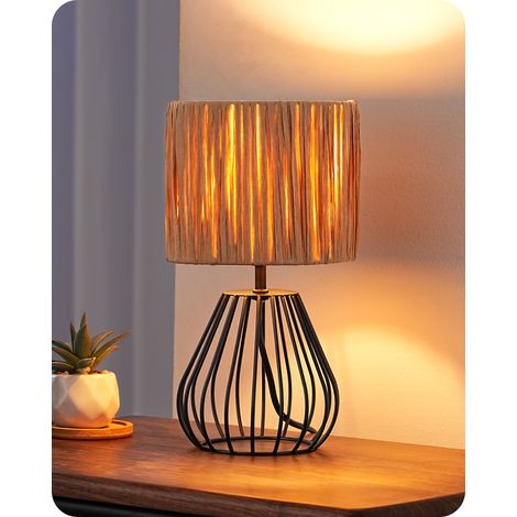 EDISHINE Tischlampe Wohnzimmer, Boho Tischleuchte mit gewebtem Papierseil-Schirm in Metallgitter-Optik, E14 Nachttischlampe Vintage für Schlafzimmer, 29 cm, inkl. 4W LED-Leuchtmittel, Schwarz (1/5)