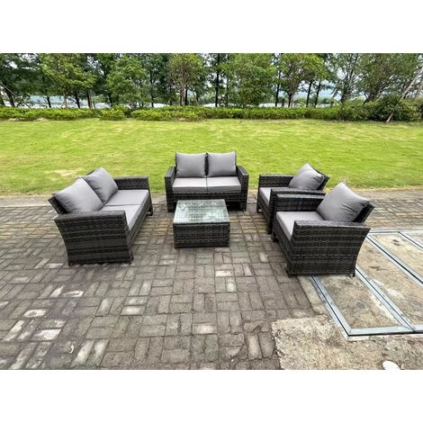 Fimous 6 Seater Dark Grey Mixed High Back Rattan Sofa Set Square Coffee Table Garden Furniture Outdoor Patio With Love Sofa Arm Chairs (1/5)