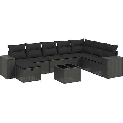 Salon de jardin 9 pcs Mobilier de jardin avec coussins noir résine tressée (1/5)