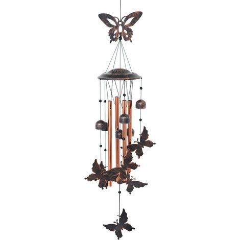 Carillon éolien papillon - 4 tubes creux en aluminium - 5 clochettes - 7 papillons - Carillon éolien avec crochet en S pour intérieur et extérieur (1/5)