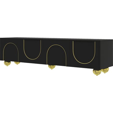 Niedriges TV-Möbel in Schwarz und Gold aus Spanplatte mit Strukturtüren und Push-to-open (1/5)