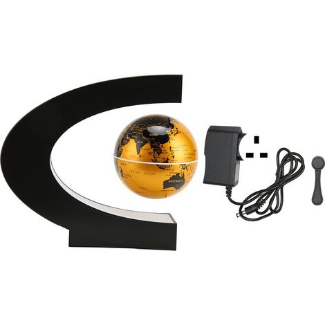 Goldener, schwebender Magnetglobus mit integrierter LED, mattierter Oberfläche, C-Form, 7,6 cm (3 Zoll), 12 V, 1 A, schwebende Dekoration, Spielzeug, UK-Stecker 100–240 V (1/5)