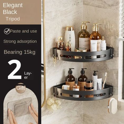 (2 pièces) Étagère de rangement de salle de bain en plastique, porte-shampoing, étagère de douche adhésive, étagère d'angle pour serviettes, sans perçage (1/5)