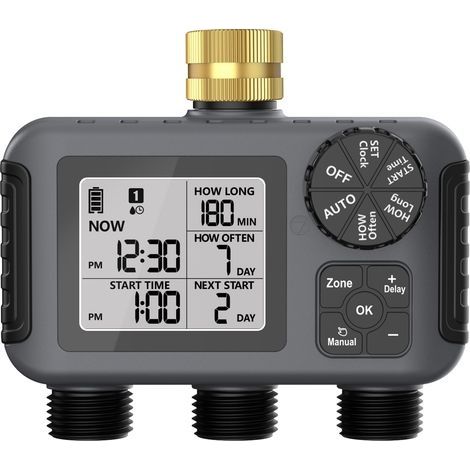 Minuterie d'arrosage programmable 3 voies – Alimentation 2 piles AA – Pression 0,05 à 0,8 Mpa – Retard de pluie pour jardin (1/5)