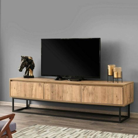 Dmora - Fernsehschrank Dpinat, Ständer für Wohnzimmerfernseher, Niedriges Wohnzimmer-Sideboard, TV-Ständerbasis, 180x40h50 cm, Eiche und Schwarz (1/5)