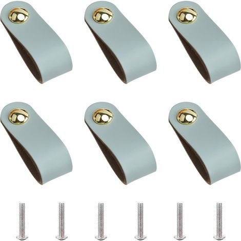 6pcs Leather Handles Vintage Cabinet Door Handle Azure Color Leather Drawer Pulls for Kitchen Bathroom Cabinets Cupboards Wardrobe Dresser, 143x25mm