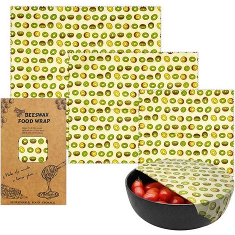 Set di 3 involucri in cera d'api con disegno di kiwi in tre misure: piccola, media e grande. Imballaggio alimentare riutilizzabile e senza plastica per ge (1/2)