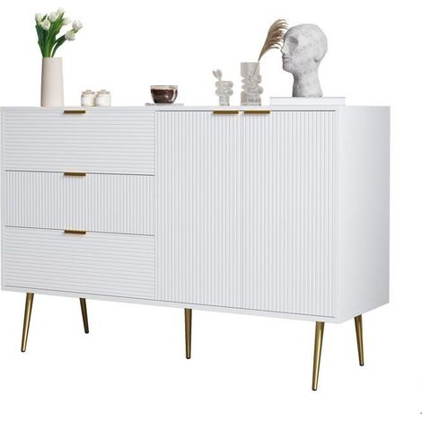 Buffet salon 120x40x80, grand rangement 3 tiroirs 2 portes Buffet, pieds poignées dorés, design motif ondulé, polyvalent (1/5)