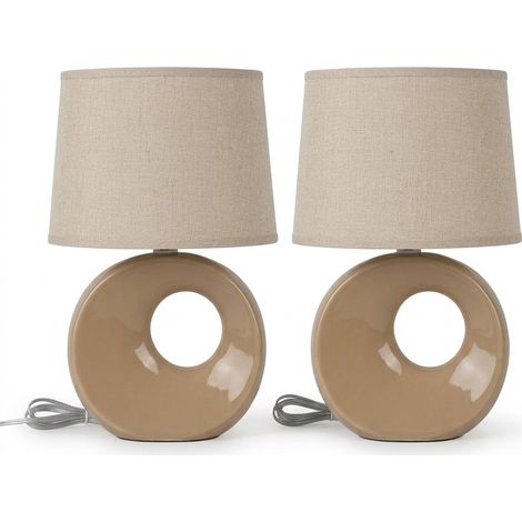 Coppia Abat Jour Camera da Letto Set 2 Lumetti Comodino Ceramica BEIGE e Paralume in Tessuto Moderni Lampade da Tavolo Attacco Piccolo E14 Max 40W Altezza 27cm per Soggiorno camerette eleganti (1/5)