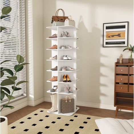 Meuble à chaussures rotatif 7 niveaux 360°, tour de rangement pour 28 paires, en PVC blanc DESVIAE (1/5)
