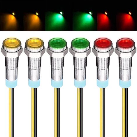 6pcs 220V-230V 6mm LED Panneau Pilote Dash Avertissement Voyant Lampe Voyant Lampe Pilote Dash Ampoules Directionnelles, Rouge/Jaune/Vert