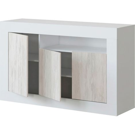Credenza Moderna Madia A Terra Con 3 Ante Vano A Giorno E Ripiani Interni Mobile Contenitore In Melaminico Antigraffio Per Soggiorno Sala Da Pranzo 144 x 42 x 87 Cm Bianco Anticato e Bianco