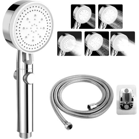 BelleRise - 5 modes de douche économes en eau, douche avec arrêt automatique de l'eau par simple pression d'un bouton et flexible, (1/4)