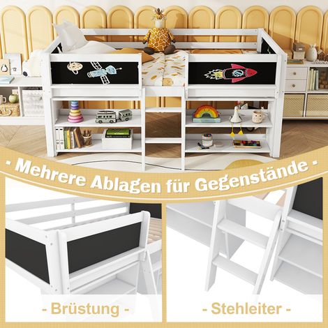 Lit mi-hauteur, 90 x 200 cm, plusieurs étagères de rangement, barrière de sécurité, échelle, bois de pin, sans matelas, style minimaliste, blanc (1/5)