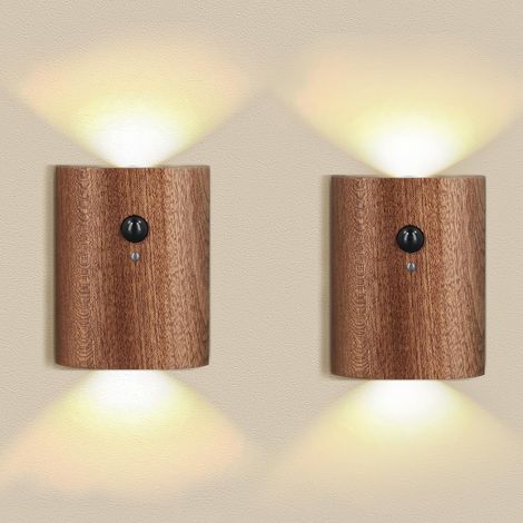 2 Pack Wooden Wall Light with Motion Sensor, 0.4 W Wireless LED Wall Light with Switch - Touch Dimmable - Bedside Wall Lamp for Living Room Hallway (1/5)