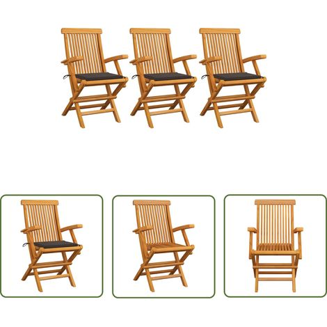 The Living Store Chaises de jardin avec coussins taupe lot de 3 Bois teck massif - Chaise De Jardin - Mobilier De Jardin - Fauteuil De Jardin - Set De Chaises De Jardin - Terrasse (1/5)