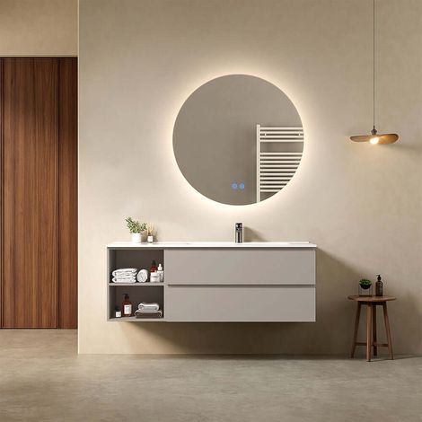 Mobile bagno sospeso 140 cm Grigio Cenere Lavabo a Destra in Resina Specchio Tondo Retroilluminato - Fiji Paint Plus (1/4)
