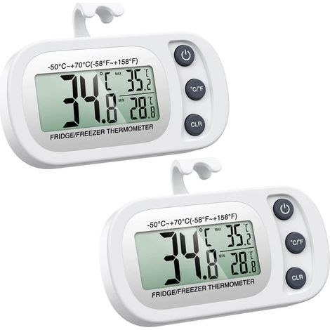 Set di 2 termometri per frigorifero, termometro digitale per congelatore con gancio, display LCD di facile lettura, funzione Max/Min, ideale per casa, ristoranti e bar – Bianco (1/5)