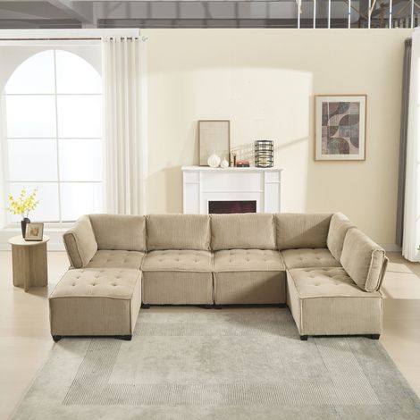 Canapé modulaire 6 places en velours côtelé, ergonomique, poches de rangement, combinable en U/en L/canapé-lit, structure stable en bois et métal, montage facile, kaki (1/4)