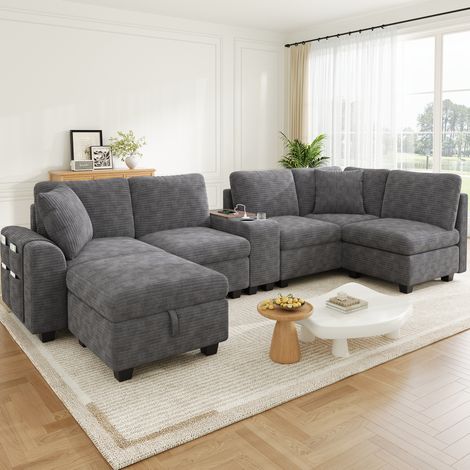 Canapé d'angle modulable 6-7 places 311x139x85 cm avec coffre de rangement, console USB Type-C et tissu chenille - gris (1/5)