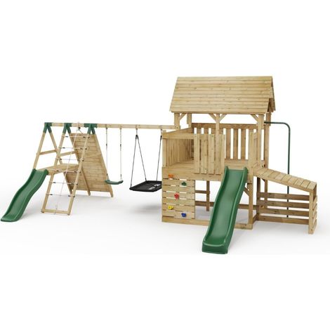 FarmPlay Hayloft Climbing Frame with Double Swing, Climbing Wall with Deck, Lean To and Slides (1/5)