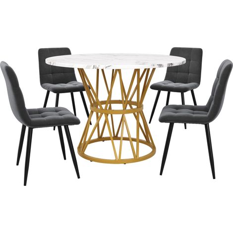 Ensemble salle à manger 5 pièces avec table ronde 100 cm en MDF à motif marbre et 4 chaises en velours gris (1/5)