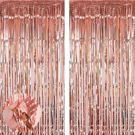 2 Rideau métallique, aluminium frangé or rose, 1x2m, adhésif double face inclus, décoration fête mariage anniversaire (1/5)