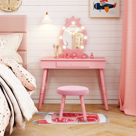 Coiffeuse pour enfants avec éclairage 2 en 1, coiffeuse princesse avec miroir amovible - rose (1/5)