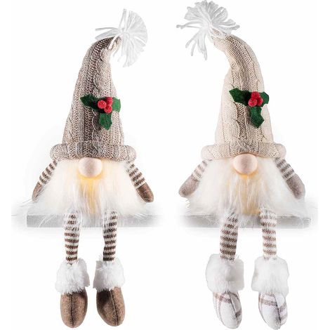 Gnomi di Natale gambelunghe in stoffa con decoro agrifoglio e luce LED da appoggiare, set da 2 pezzi, cm15,5x12x31H (capp.esteso)
