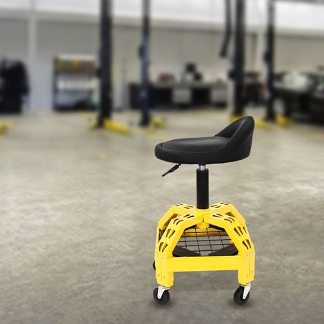 Tabouret Roulant Réglable, Rotation 360°, Hauteur Réglable 8.66-14.37", Capacité 130kg, Jaune (1/5)