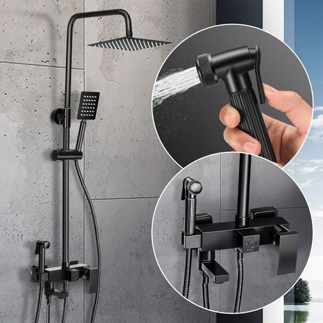 Schwarzes 4-in-1 Duschset mit Regendusche, Handbrause, Armatur, höhenverstellbar