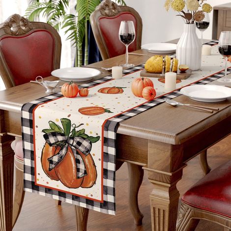 Nappe De Table - Imprimé Halloween Citrouille Et Carreaux - Polyester - 33 x 150 cm - Pour Table À Manger Café Ou Table Basse - 1 Pièce (1/5)