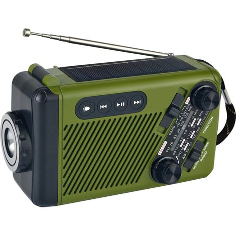 Radio d'urgence AM/FM à énergie solaire avec manivelle et lampe torche, verte. (1/5)