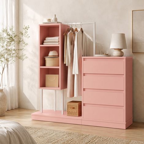 Armadio contenitore con barra appendiabiti, 4 cassetti, rosa e bianco DESVIAE (1/5)