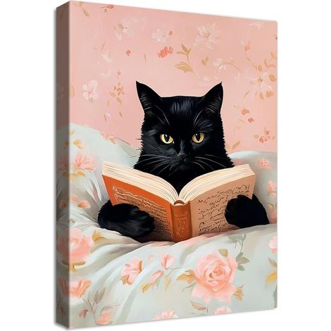 Leinwandbild 30L x 40B cm Lustige schwarze Katze liest B&xFCcher (1/5)