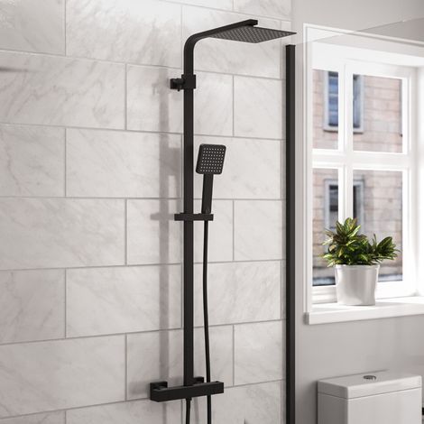 Nes Home Modern Square Matte Black Exposed Thermostatic Mixer Shower Set With Shower Head and Handheld (1/5)