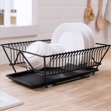 Panier à Vaisselle Support à vaisselle en métal et plastique – panier égouttoir – egouttoir design pour un plan de travail sec Noir (1/4)