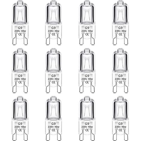 12er-Pack G9-Halogenlampen, 40 W, 230 V, dimmbar, 0–100 %, 480 lm, warmweiß (2700 K), G9-Sockel, flimmerfrei, für Backöfen, Kronleuchter, Gartenleuchten und Schrankbeleuchtung (1/4)