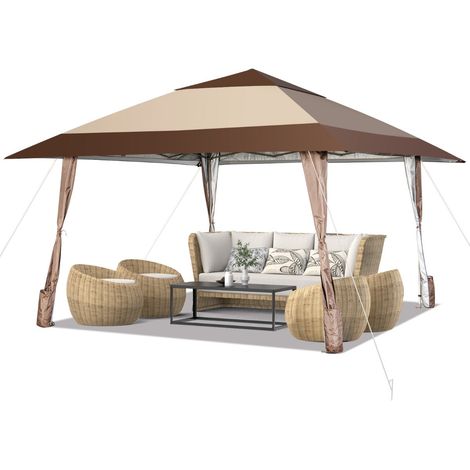 Tonnelle de jardin pliable 390 x 390 x 265-285 cm avec protection solaire et ventilation moderne en métal beige (1/2)