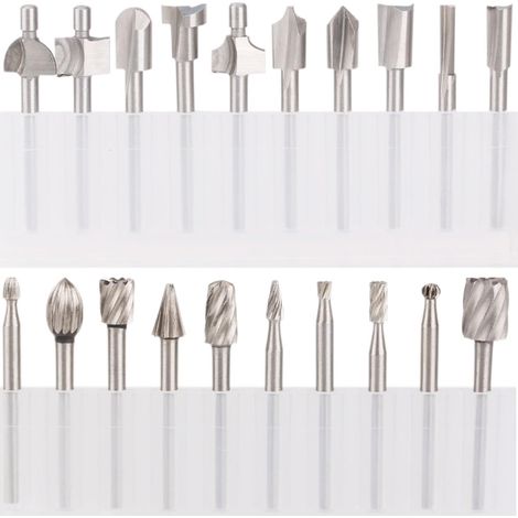 HSS Fraises à Défoncer, 20Pcs 3mm 1/8" fraises acier rapide fraises à Bois Kit d'Accessoires Fraises à Défoncer pour Outil Multifonction Rotatif Pour Dremel Foredom Proxxon Rotatif Outil -OQA0384 (1/4)