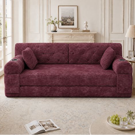 Canapé convertible 2 places 168x80x81 cm bordeaux en velours côtelé avec porte-gobelets et poches (1/5)