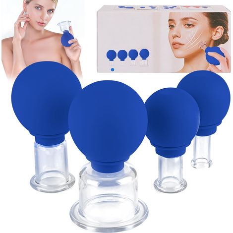 Lot de 4 ventouses avec boule d'aspiration en silicone pour le visage, massage, détoxification contre les tensions, les rides et la cellulite, pour toutes les parties du corps (bleu) (1/5)