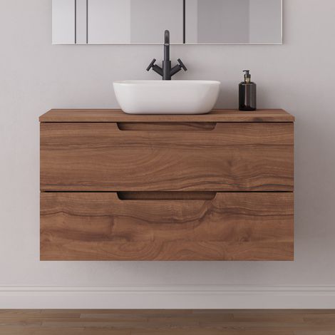 Meuble de salle de bain 100cm avec plateau et vasque à poser arrondie - 2 tiroirs - sans miroir - noyer (bois foncé) - SONRIZA (1/5)