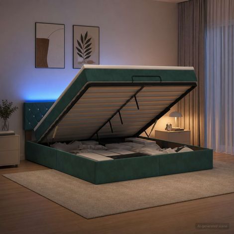 Cama tipo otomana con colchón y LED Verde oscuro 140 x 190 cm (1/5)