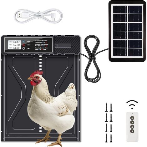 Porte de poulailler Automatique Solaire avec télécommande et minuteur LCD - Ouverture/Fermeture Automatique sans Batterie, Porte en Aluminium résistante aux intempéries, Installation Facile (1/5)