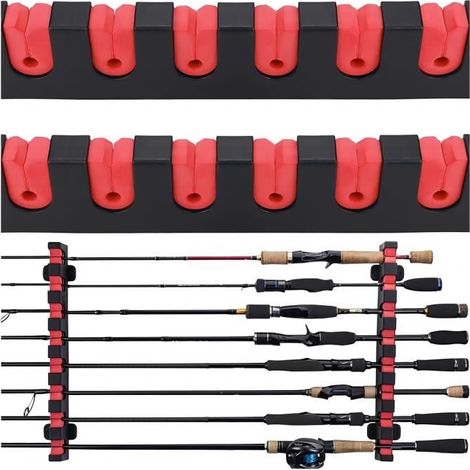 1 Paire Support Canne à Pêche Mural, Ratelier Canne à Pêche Stockage de 6 Pôles Étagère pour Mur Garage Bateau - Rouge (1/4)