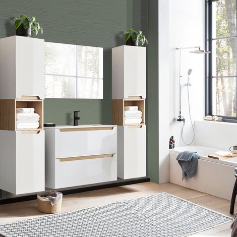 Badmöbel Komplett Set Hochglanz weiß mit Trüffel-Buche SOFIA-107 Keramik-Waschbecken & Spiegel, B/H/T ca. 180/200/46 cm (1/5)